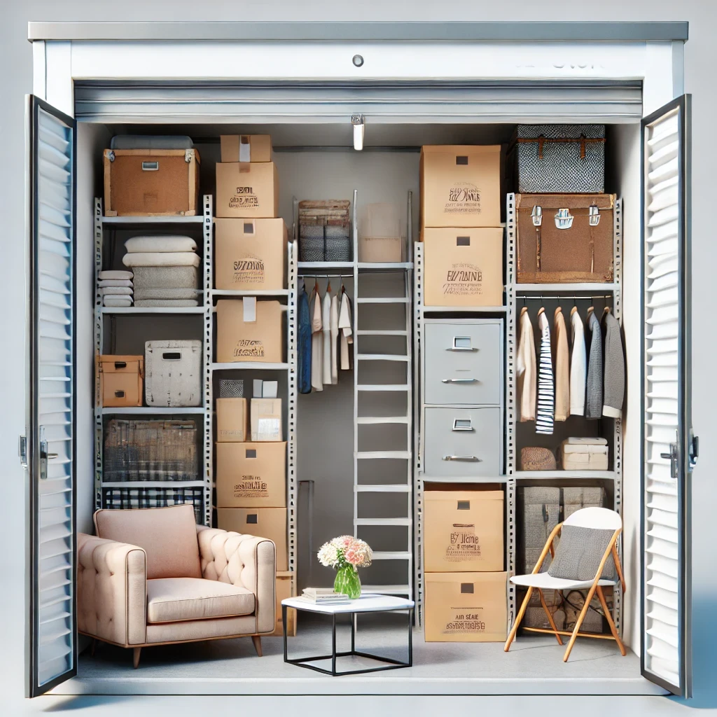 a neatly organized and secure self storage unit, containing various items such as boxes, furniture, and seasonal items stored inside.