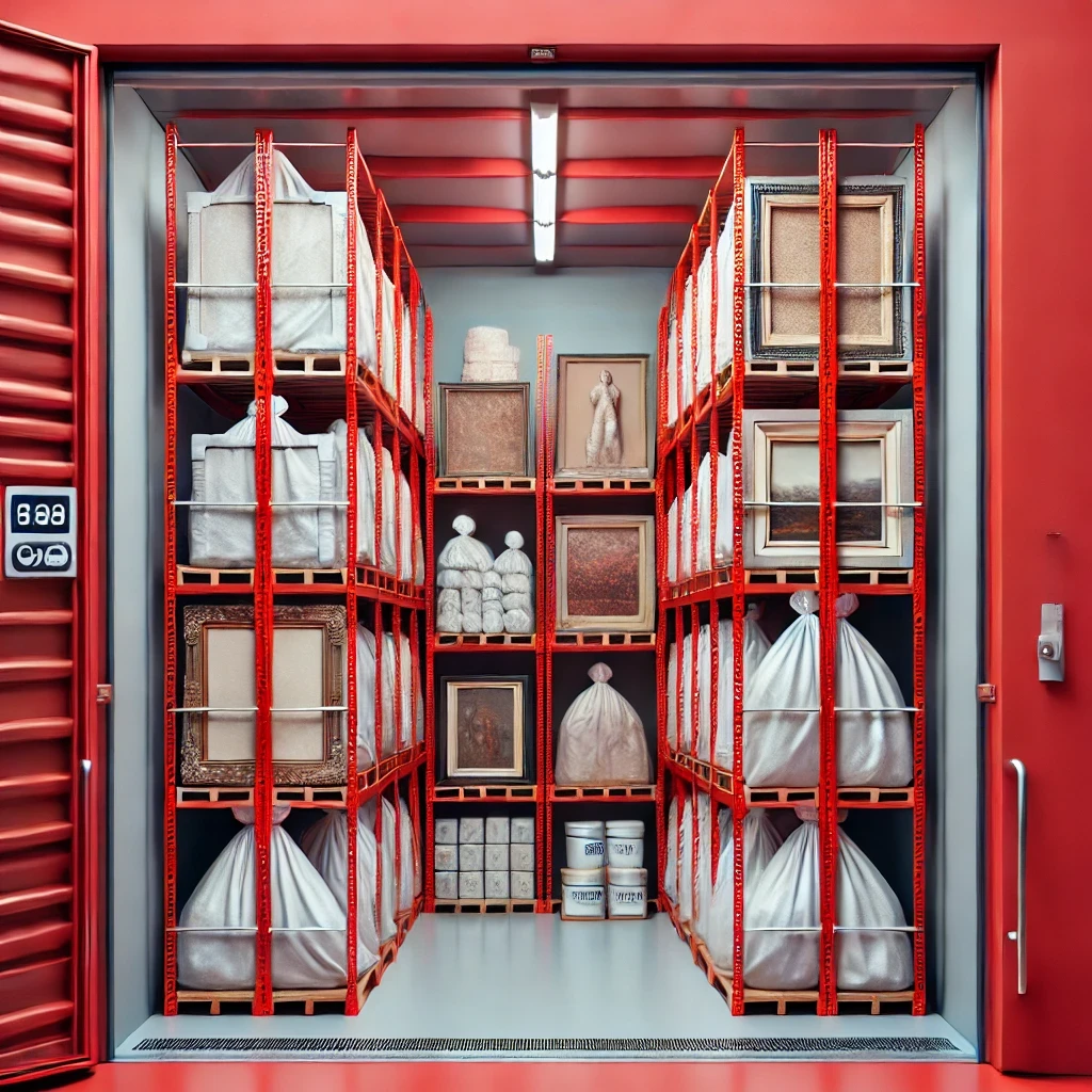 Unit sewa gudang self-storage dengan lukisan tersusun vertikal, patung-patung yang dibungkus pelindung, serta alat penyerap kelembapan.