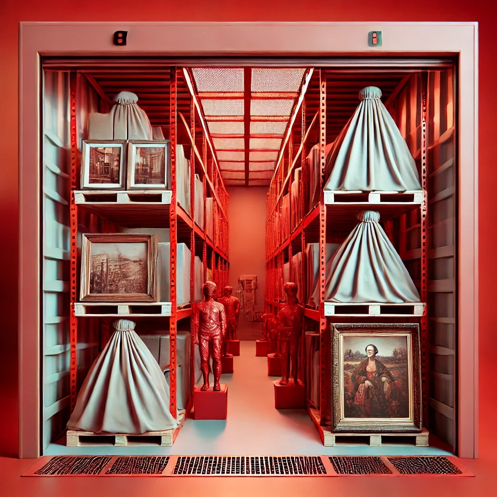 A self-storage rental unit with shelves holding vertically stacked paintings.