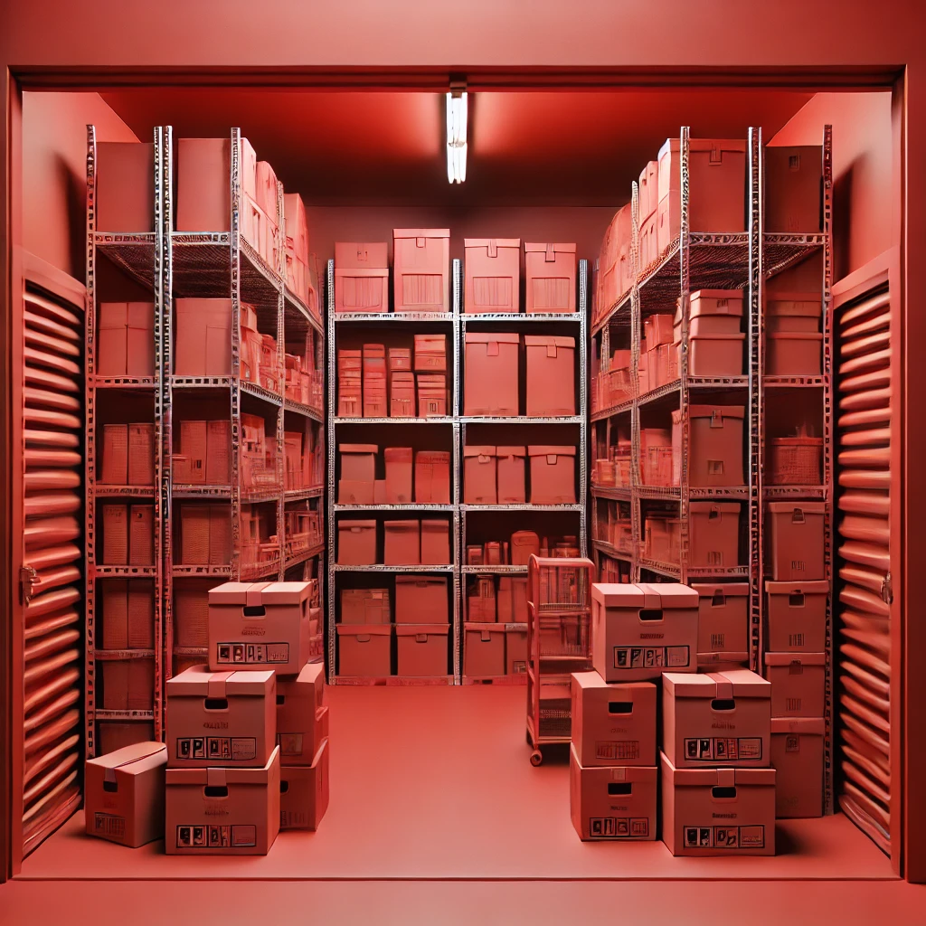 Unit sewa gudang self storage dengan rak penyimpanan yang teratur, kotak-kotak berlabel, dan barang-barang yang tersusun rapi.