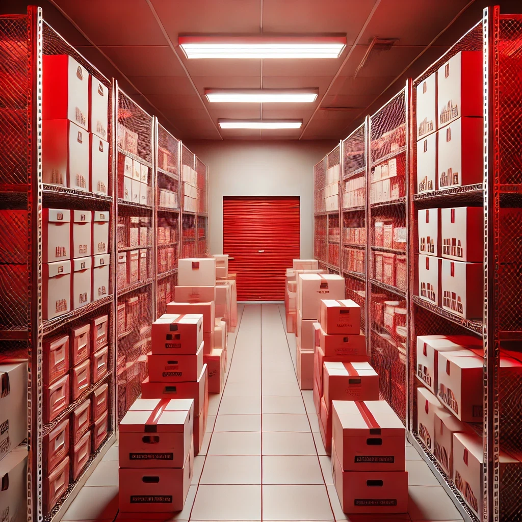 Warehouse Unit with Well-Organized Storage Shelves, Labeled Boxes, and Neatly Stacked Items.
