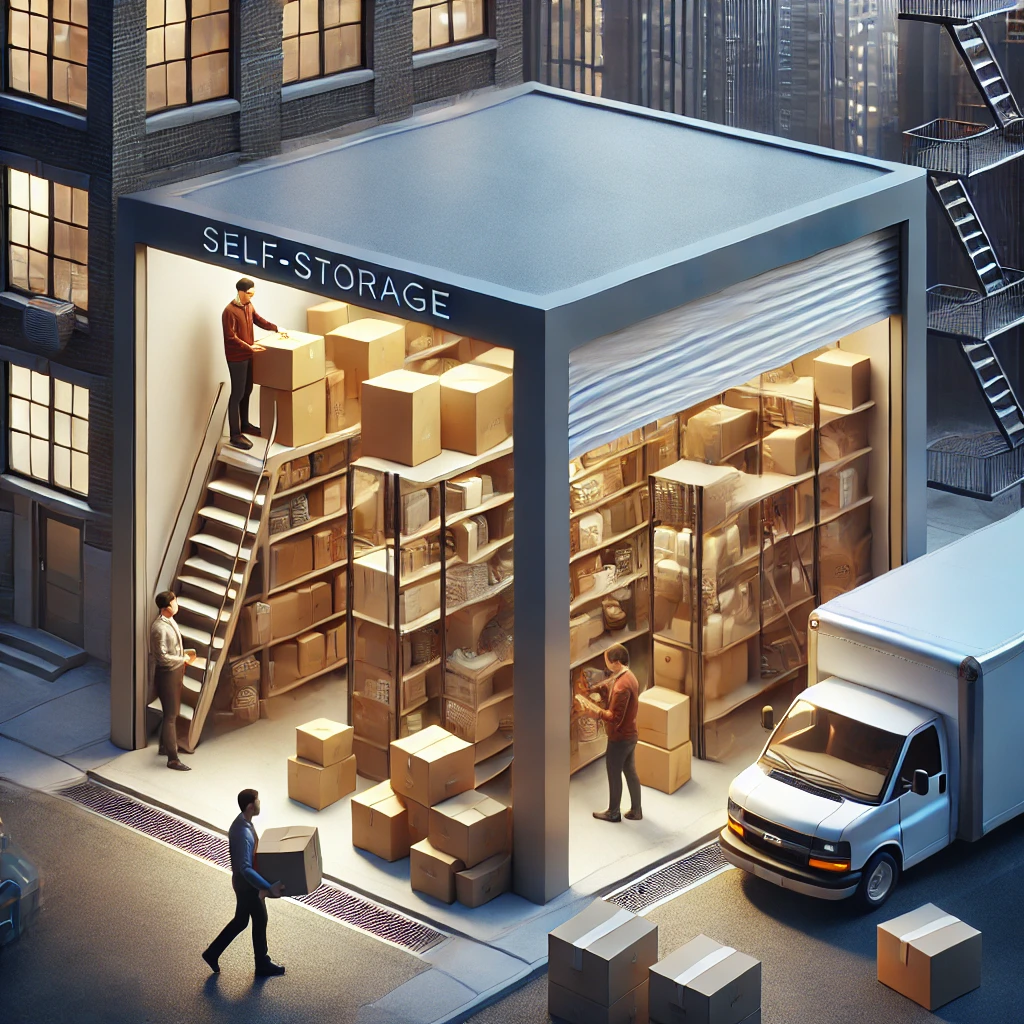 Unit sewa gudang self storage yang aman dan rapi, dengan masyarakat perkotaan yang sedang menyusun barang-barang mereka di dalamnya.