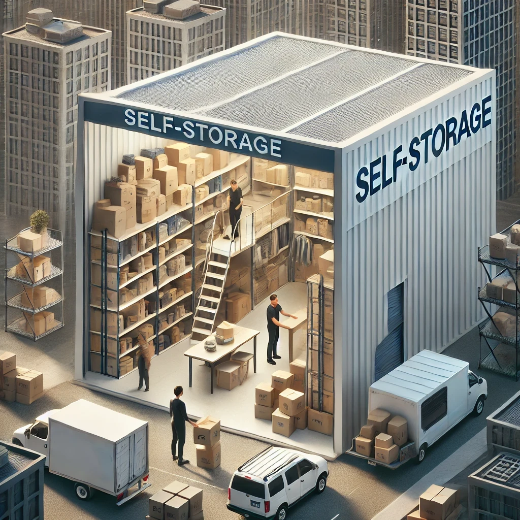 A secure and organized self-storage unit with urban residents arranging their belongings inside.