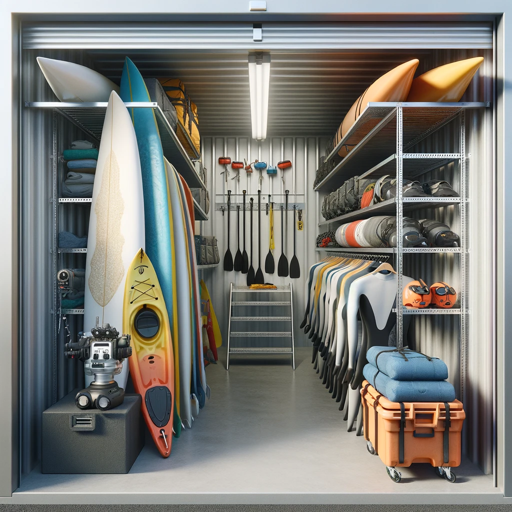Various water sports equipment, such as surfboards, kayaks, and diving gear, neatly organized in a self-storage unit with shelves and hooks.