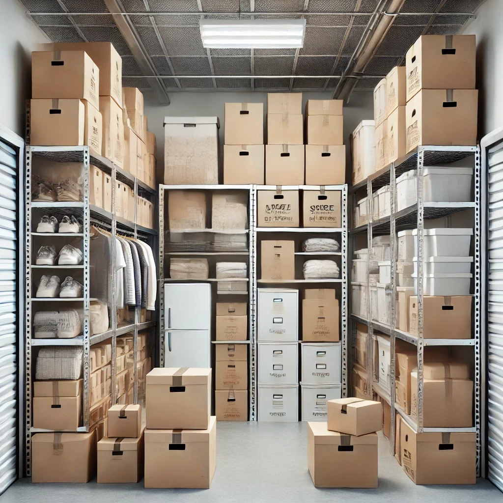 Unit sewa gudang self storage dengan barang-barang pribadi yang tertata rapi dalam kotak dan rak penyimpanan.