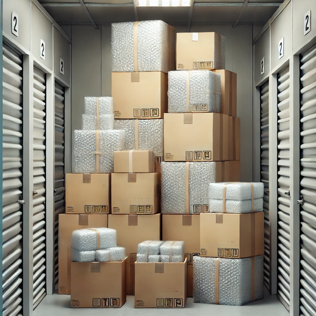 Kotak dengan berbagai barang pecah belah yang terlindungi oleh bubble wrap dan diletakkan dengan hati-hati di unit sewa gudang self storage.